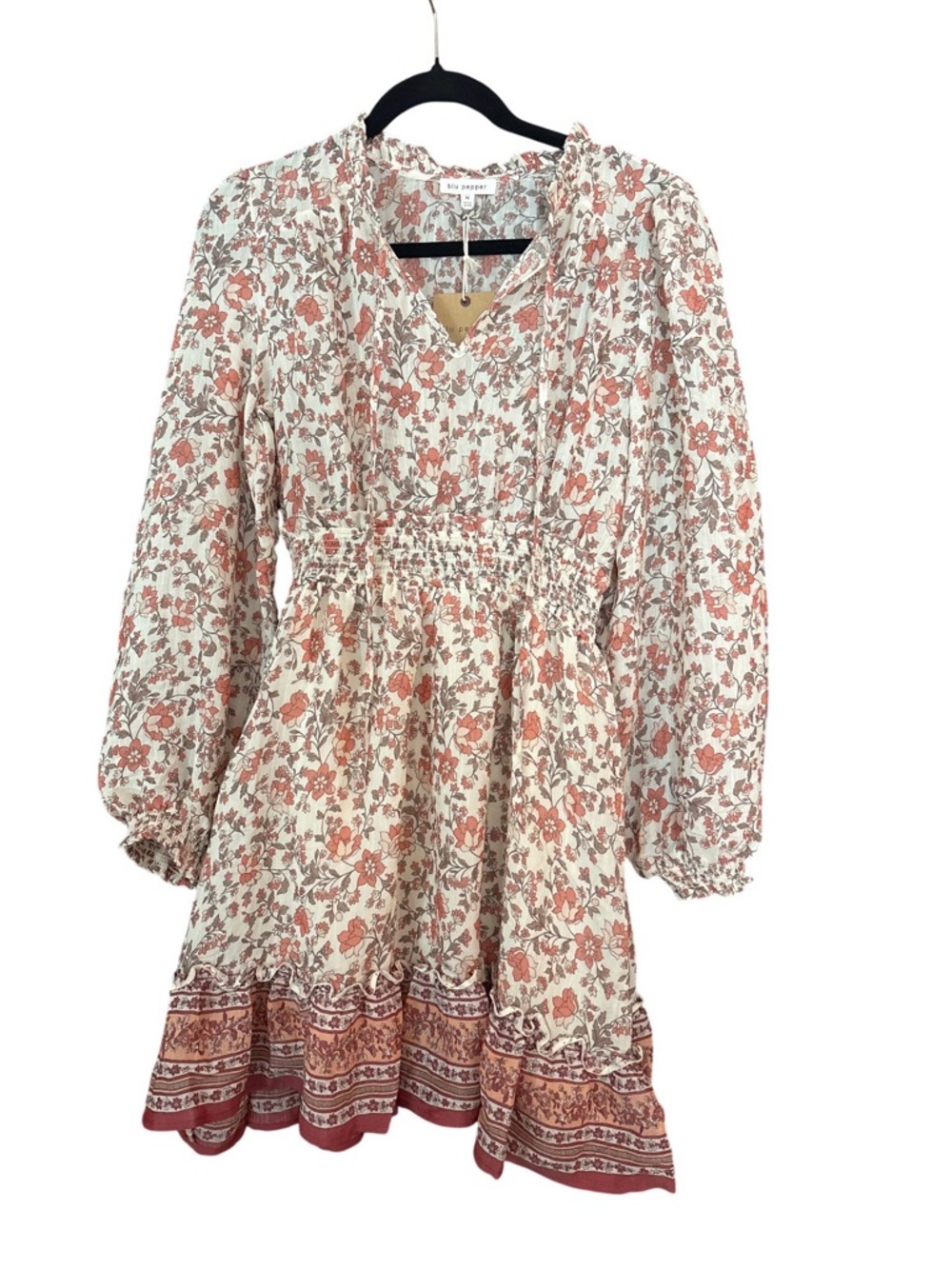 Blue Pepper Medium Floral Peasant Dress in Cream & Terracotta